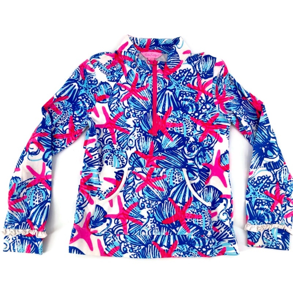 Lilly Pulitzer Half Zip Girls Sz L (8 - 10) She She Shells Pink Blue